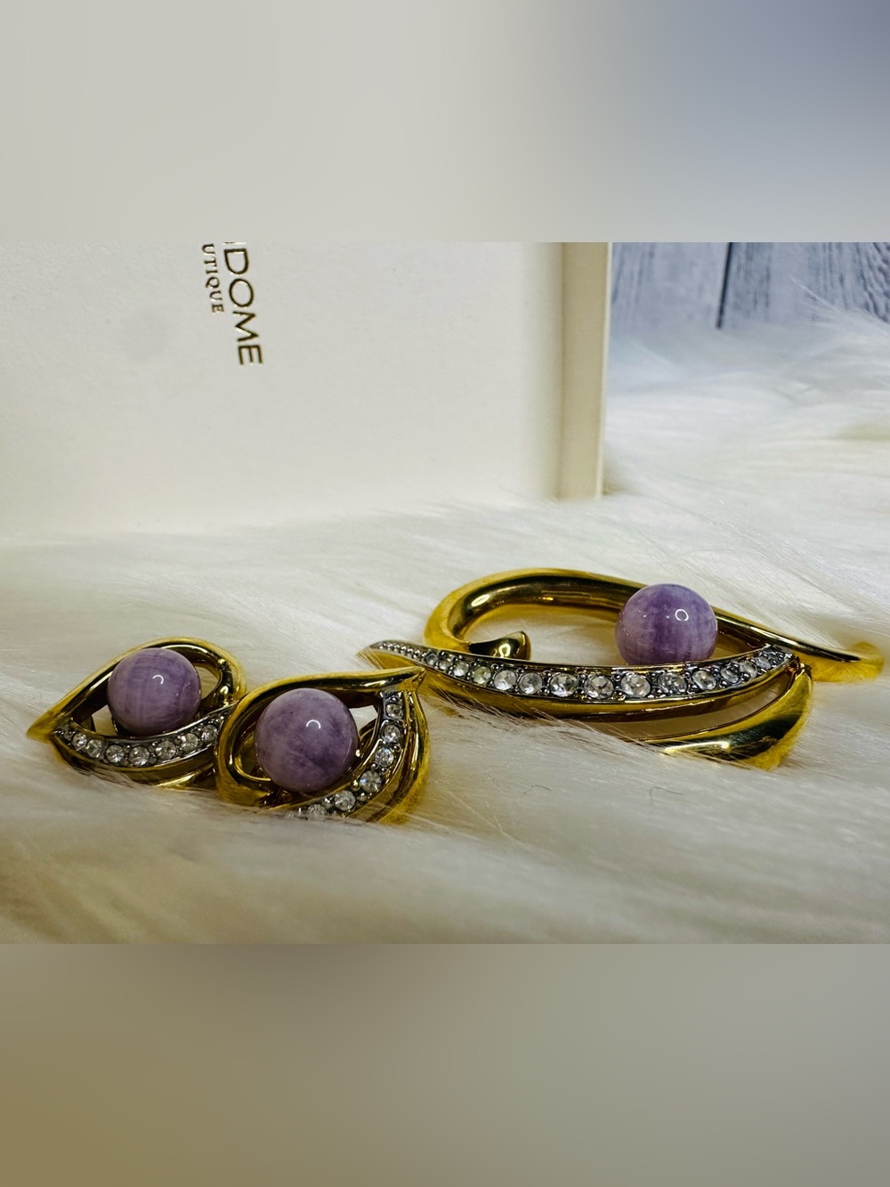 VENDOME 18k Gold Plated Vintage Amethyst Stone Brooch and Earring Set
